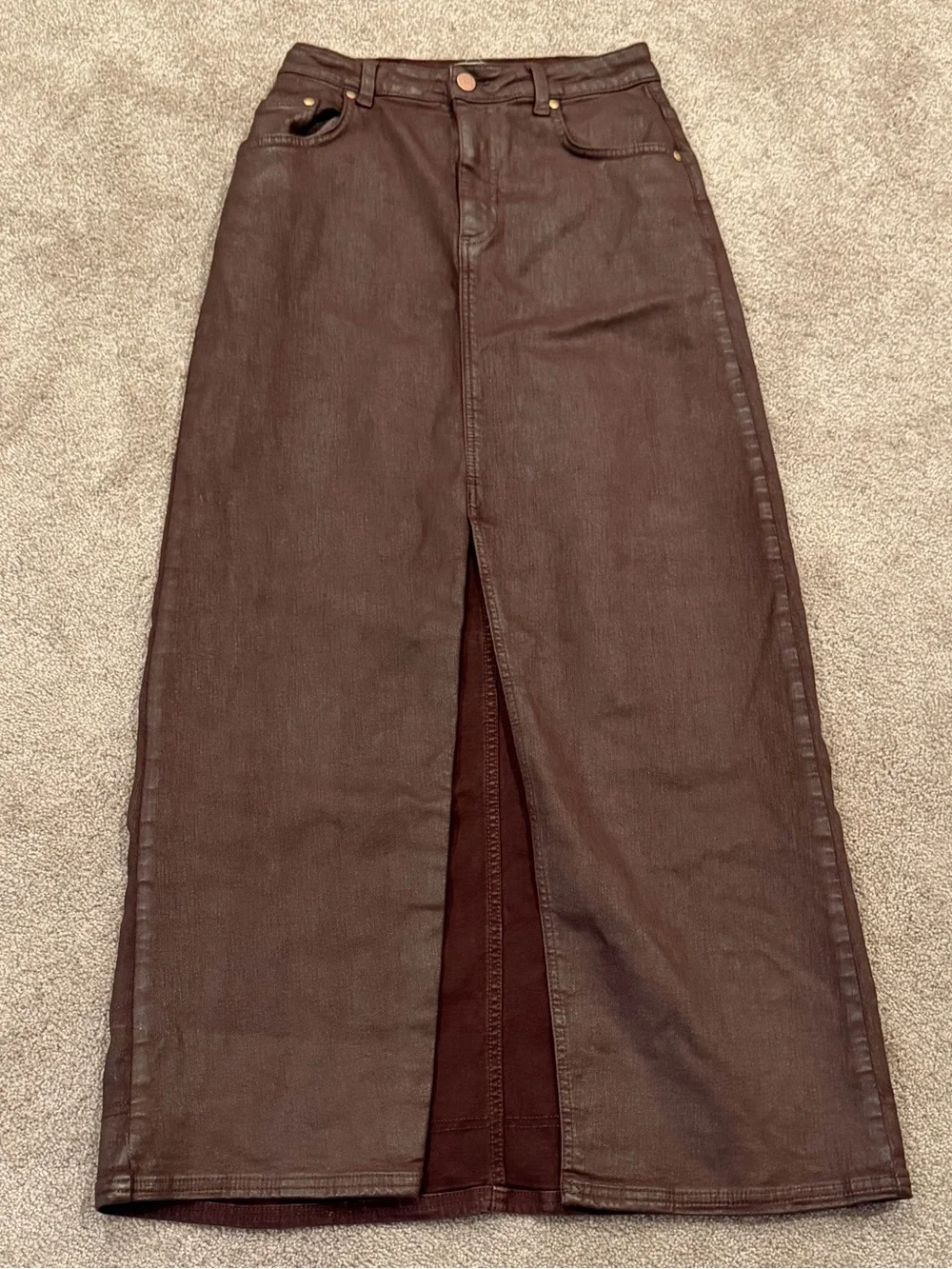 Pilcro Anthropologie Brown Coated Denim Maxi Skirt Size 6 - Picture 1 of 8
